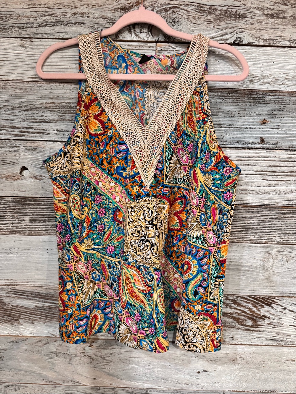 NWOT Bohemian Multicolor Paisley Crochet V-Neck Tank Top